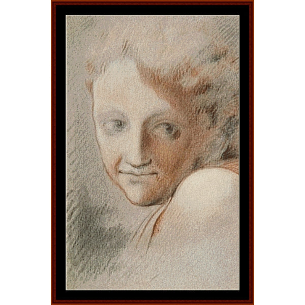 Counted Cross Stitch Pattern by Cross Stitch Collectibles of a woman's face with a neutral expression, framed by a brown border.