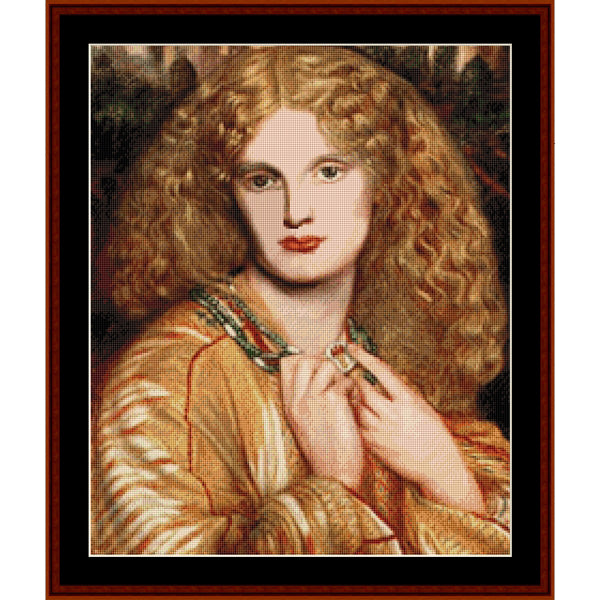 Counted Cross Stitch Pattern by Cross Stitch Collectibles of a woman with long, wavy hair wearing a gold dress and holding a necklace