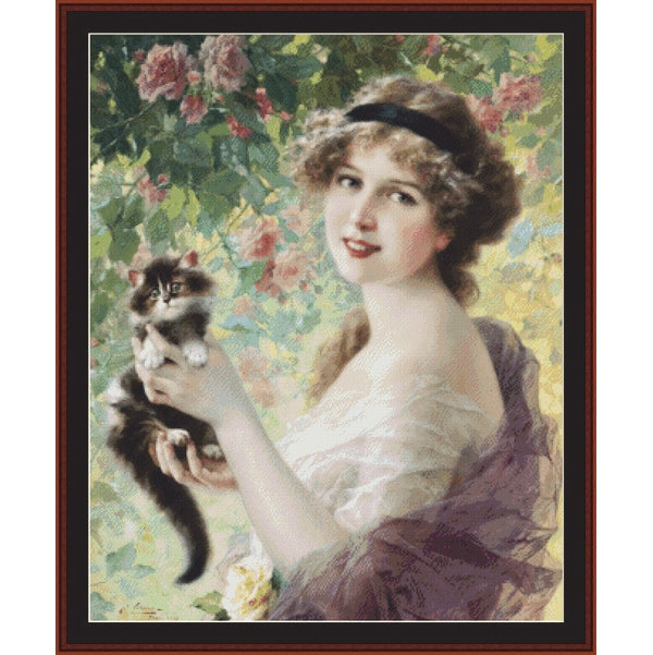 Vintage-style Counted Cross Stitch Pattern by Cross Stitch Collectibles of a woman holding a cat amidst flowers