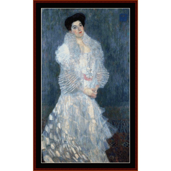 Counted Cross Stitch Pattern by Cross Stitch Collectibles of a woman in a white dress with a dark background