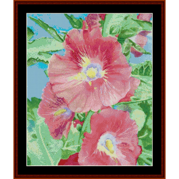 Counted Cross Stitch Pattern by Cross Stitch Collectibles of pink flowers with green leaves on a blue background