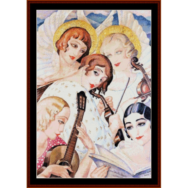 Counted Cross Stitch Pattern by Cross Stitch Collectibles of four musical angels with instruments on a white background