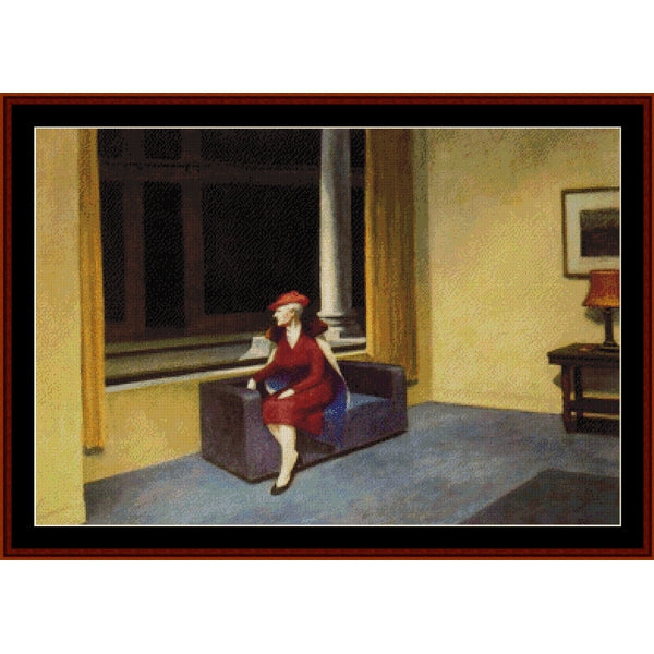Woman in a red dress sitting on a couch in a room with a lamp and window - Counted Cross Stitch Pattern by Cross Stitch Collectibles