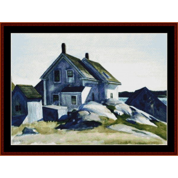 Counted Cross Stitch Pattern by Cross Stitch Collectibles of a blue house on a rocky shore with a white sky.