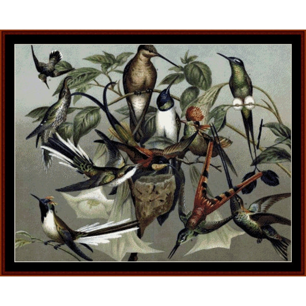 Counted Cross Stitch Pattern by Cross Stitch Collectibles of hummingbirds perched on branches with leaves