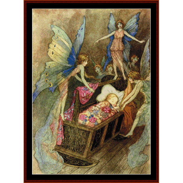 Counted Cross Stitch Pattern by Cross Stitch Collectibles of fairies around a child in bed, with detailed wings and colorful clothing.
