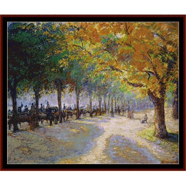 Counted Cross Stitch Pattern by Cross Stitch Collectibles of a park scene with people walking under trees
