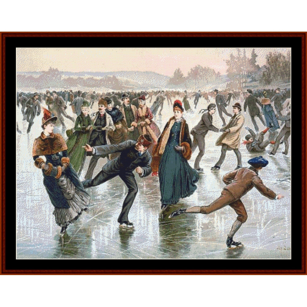 Vintage-style Counted Cross Stitch Pattern by Cross Stitch Collectibles of people ice skating on a frozen lake.