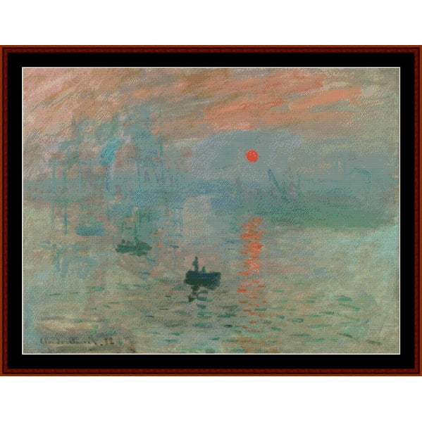 Counted Cross Stitch Pattern by Cross Stitch Collectibles of a sunset over water with boats, featuring a red sun and reflective surface.