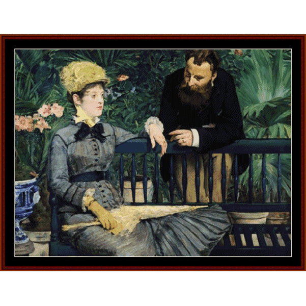 Counted Cross Stitch Pattern by Cross Stitch Collectibles of a man and woman sitting together outdoors with floral and garden background