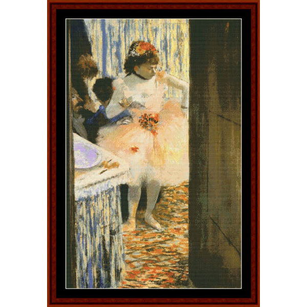 Counted Cross Stitch Pattern by Cross Stitch Collectibles of a ballerina in a tutu with a red headband, standing on a stage.