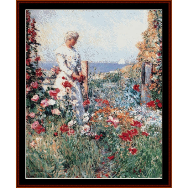 Counted Cross Stitch Pattern by Cross Stitch Collectibles - Woman in a garden with flowers and ocean view