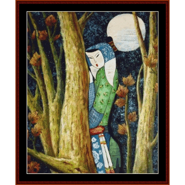 Counted Cross Stitch Pattern by Cross Stitch Collectibles of two figures in traditional attire under a moonlit sky with trees and flowers.