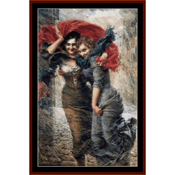 Counted Cross Stitch Pattern by Cross Stitch Collectibles - Two women in vintage clothing with a red scarf