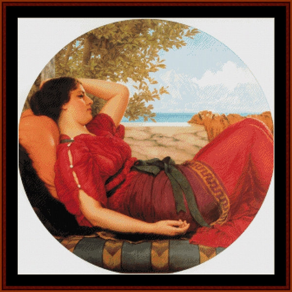Counted Cross Stitch Pattern by Cross Stitch Collectibles - Woman in a red dress sitting outdoors with trees and sky in the background