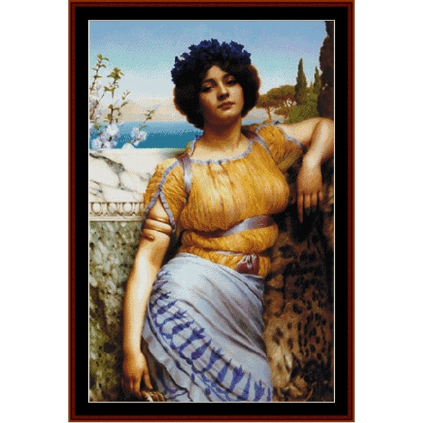 Counted Cross Stitch Pattern by Cross Stitch Collectibles of a woman in a yellow dress with a leopard, set against a scenic background.