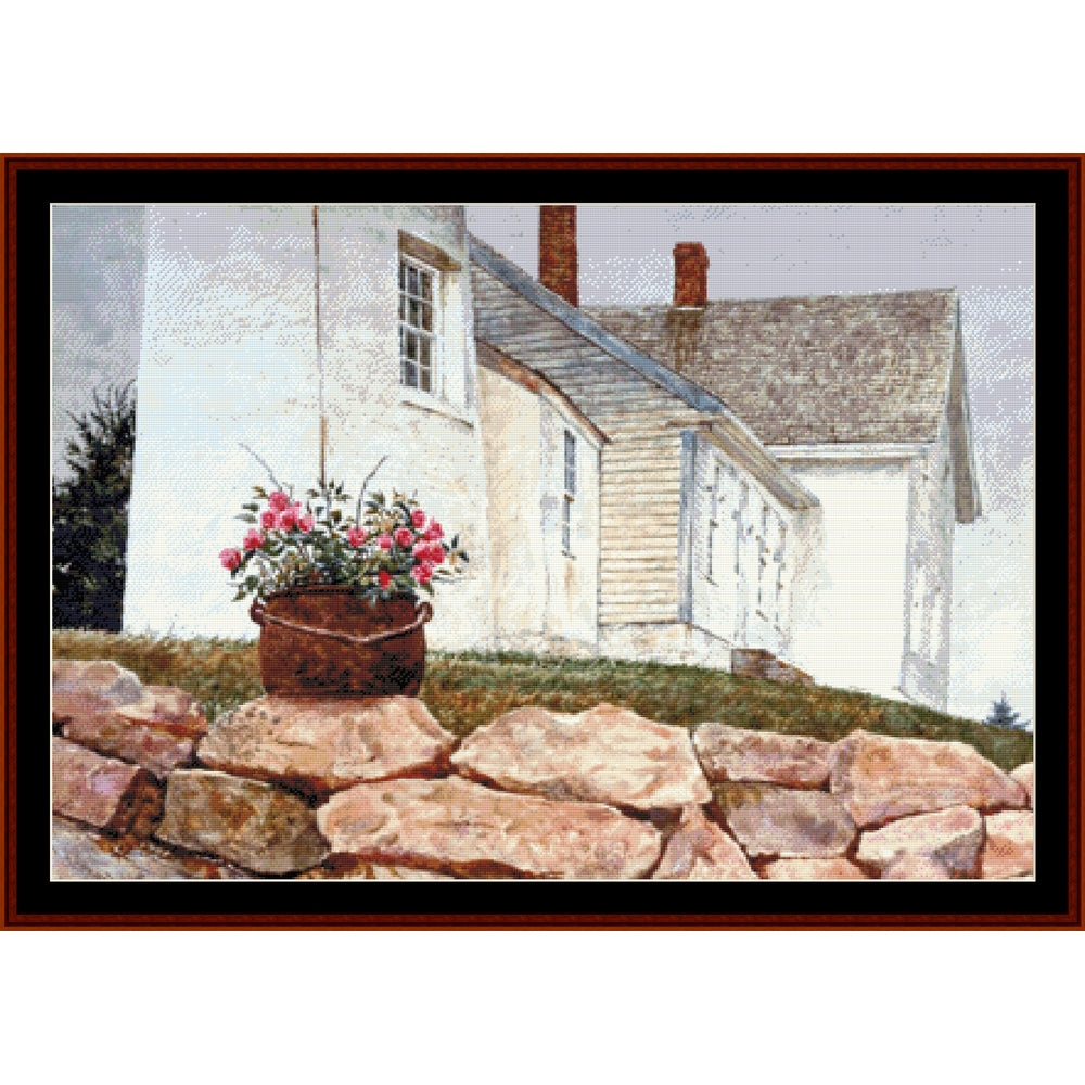 Counted Cross Stitch Pattern by Cross Stitch Collectibles of a house with a flower pot on rocks