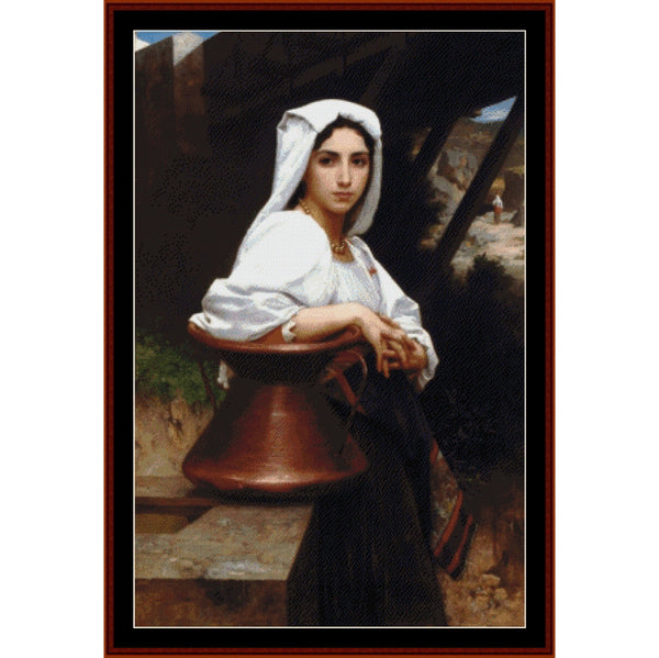 Counted Cross Stitch Pattern by Cross Stitch Collectibles of a woman holding a clay pot with a dark background