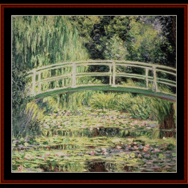 Counted Cross Stitch Pattern by Cross Stitch Collectibles of a bridge over water lilies with greenery