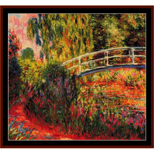 Colorful Counted Cross Stitch Pattern by Cross Stitch Collectibles of a bridge over water with flowers and trees