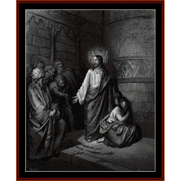 Black and white Counted Cross Stitch Pattern by Cross Stitch Collectibles of a religious scene with Jesus and figures in a room.