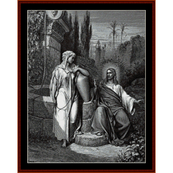 Black and white Counted Cross Stitch Pattern by Cross Stitch Collectibles of a woman and Jesus by a well, framed with a brown border.