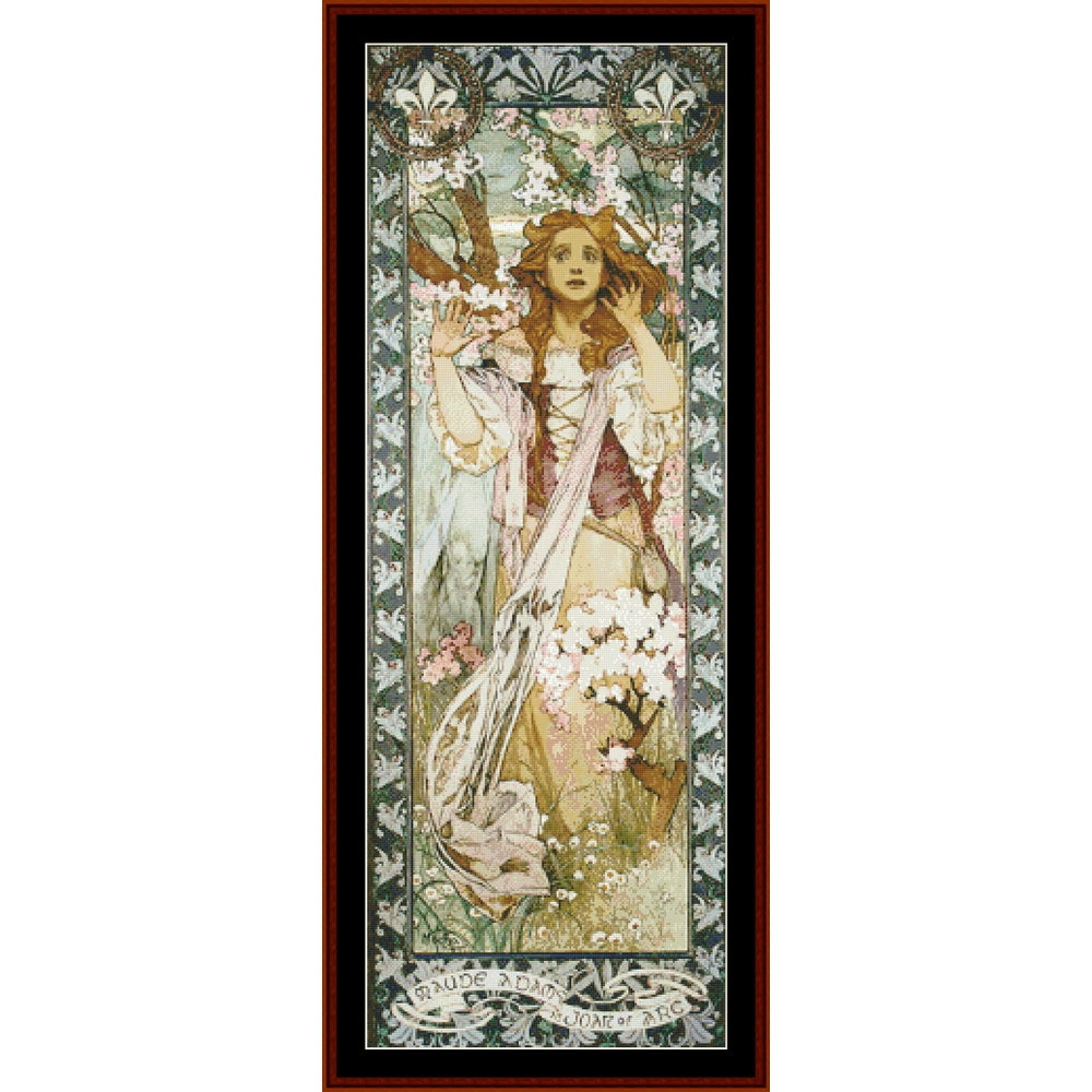 Counted Cross Stitch Pattern by Cross Stitch Collectibles - Decorative panel with a stylized woman holding a lyre, surrounded by floral elements, in a decorative frame.