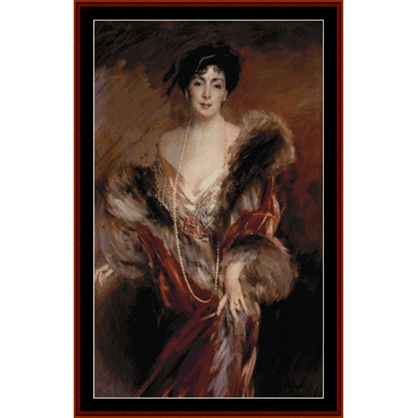 Counted Cross Stitch Pattern by Cross Stitch Collectibles of a woman in an elegant dress with fur trim, framed in brown.