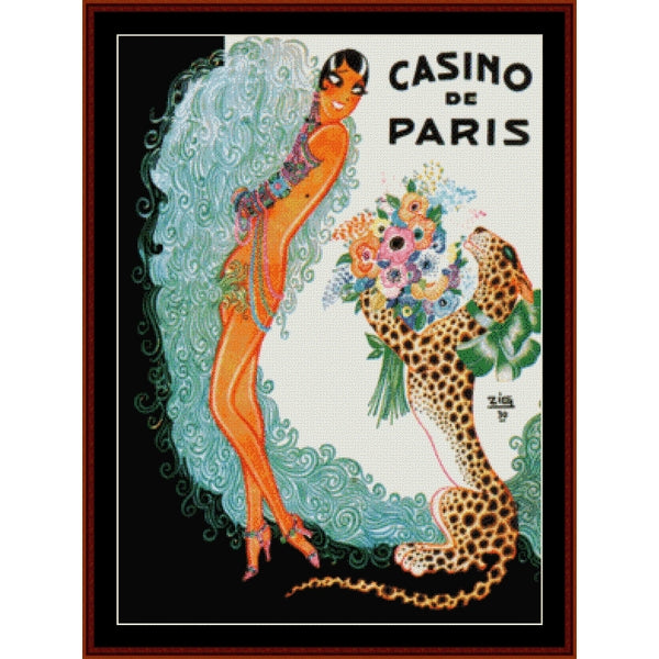 Counted Cross Stitch Pattern by Cross Stitch Collectibles of a woman with a leopard and floral bouquet, labeled 'Casino de Paris'.