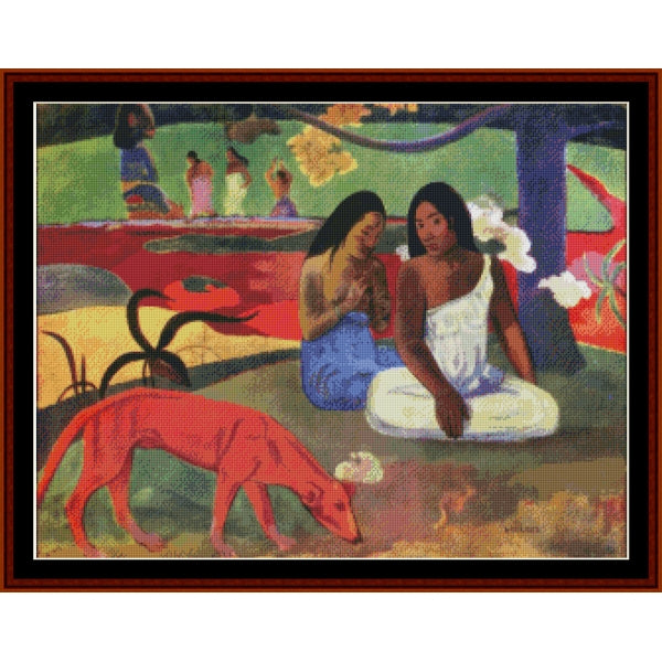 Counted Cross Stitch Pattern by Cross Stitch Collectibles of two women and a red dog in a tropical setting