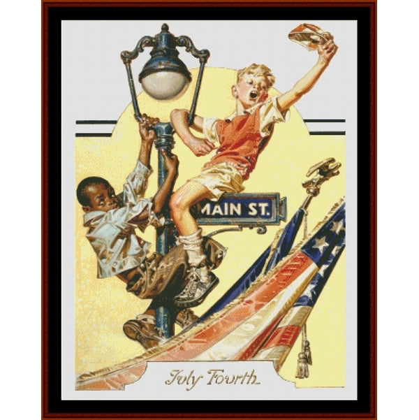 Vintage-style Counted Cross Stitch Pattern by Cross Stitch Collectibles of two children playing on a flagpole with an American flag, labeled 'Main St. July Fourth'.