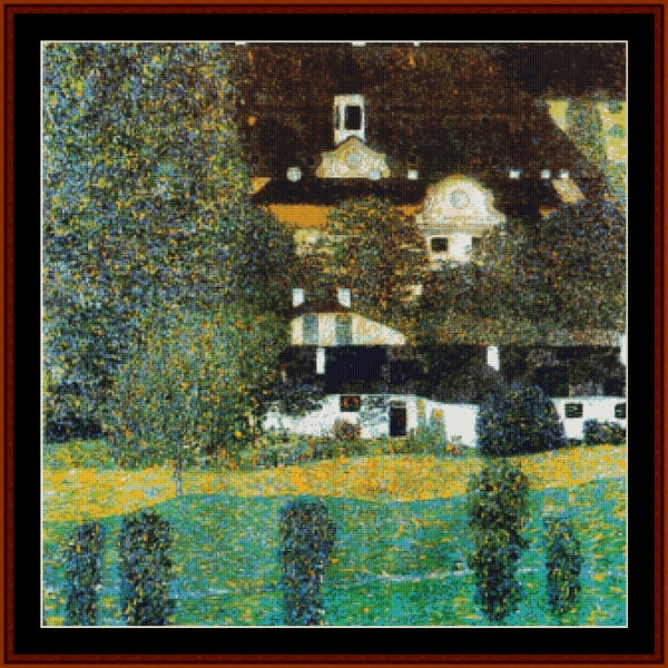 Counted Cross Stitch Pattern by Cross Stitch Collectibles of a village scene with houses and trees, reminiscent of early 20th-century art style.