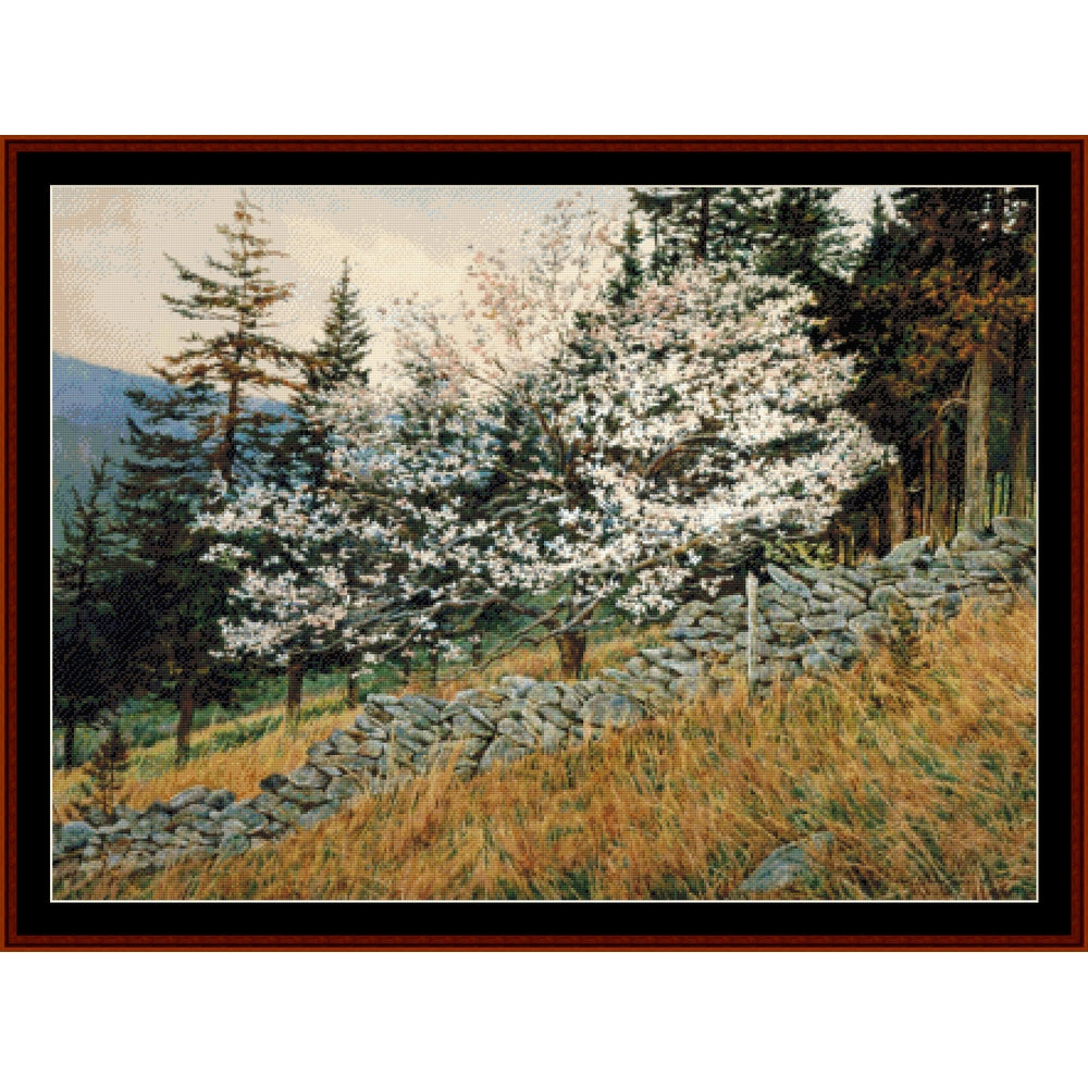 Counted Cross Stitch Pattern by Cross Stitch Collectibles - Scenic landscape with stone wall, trees, and mountains
