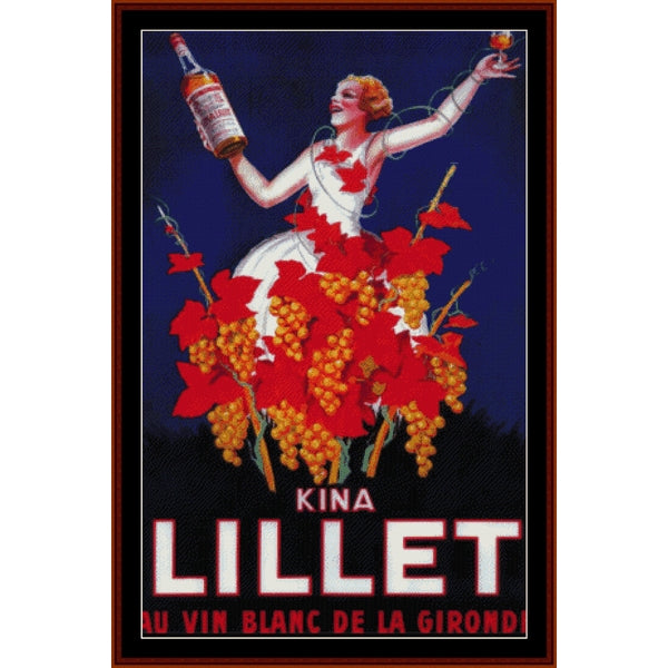 Counted Cross Stitch Pattern by Cross Stitch Collectibles - Vintage-style advertisement poster for Kina Lillet featuring a woman with flowers and a bottle.