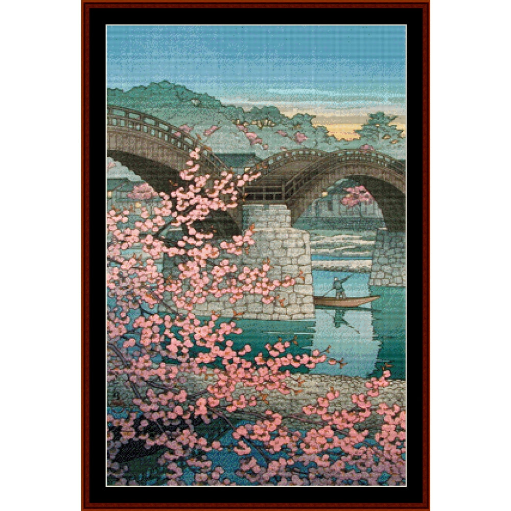 Counted Cross Stitch Pattern by Cross Stitch Collectibles of a cherry blossom bridge scene with a boat and cherry blossoms.