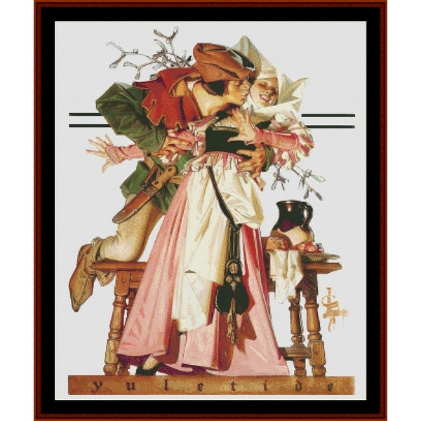 Counted Cross Stitch Pattern by Cross Stitch Collectibles with two figures embracing, surrounded by festive elements, on a white background.