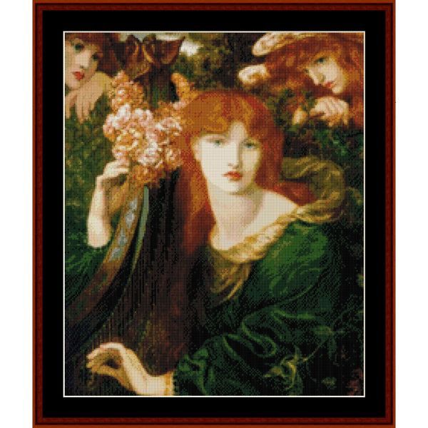 Counted Cross Stitch Pattern by Cross Stitch Collectibles of a woman with red hair holding flowers, framed by another woman with red hair.