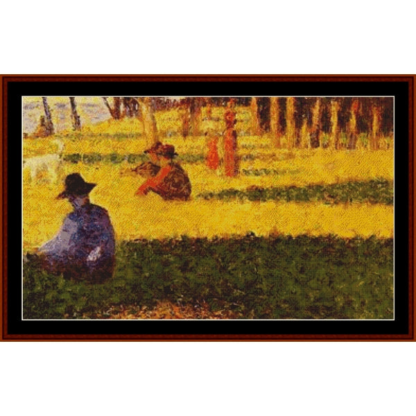 Counted Cross Stitch Pattern by Cross Stitch Collectibles of people in a garden with a yellow flower field.