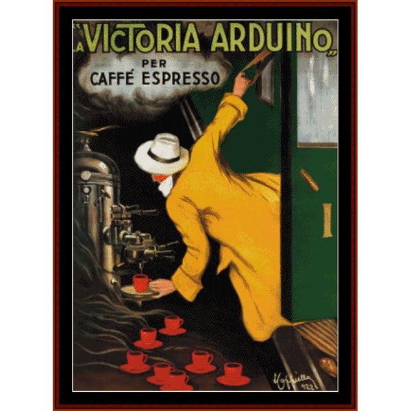 Counted Cross Stitch Pattern by Cross Stitch Collectibles - Vintage-style advertisement for Victoria Arduino coffee machine with a person in a yellow coat and white hat.