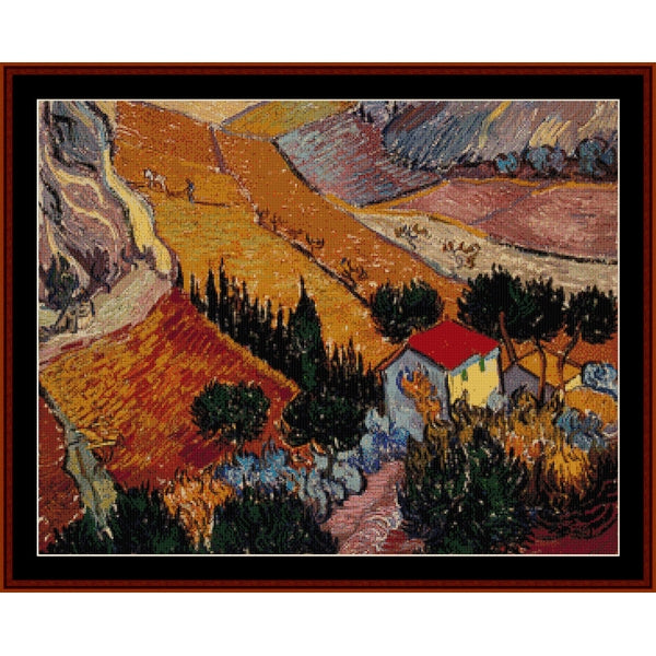 Counted Cross Stitch Pattern: Landscape with House and Ploughman by Vincent Van Gogh - Cross Stitch Collectibles
