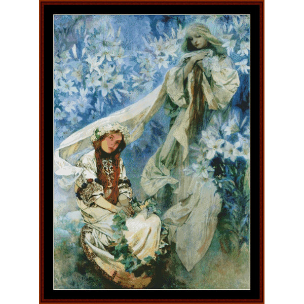 Counted Cross Stitch Pattern: Madonna of the Lilies by Alphonse Mucha – Cross Stitch Collectibles