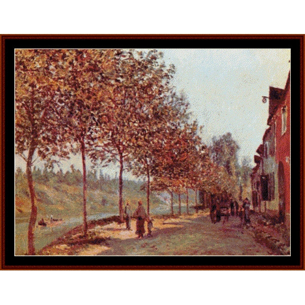 Counted Cross Stitch Pattern: Morning in June by Alfred Sisley - Cross Stitch Collectibles - A framed impressionist landscape painting depicting a tree-lined path with people walking beside water, with red buildings on the right, shown in a dark brown frame with a black inner border.
