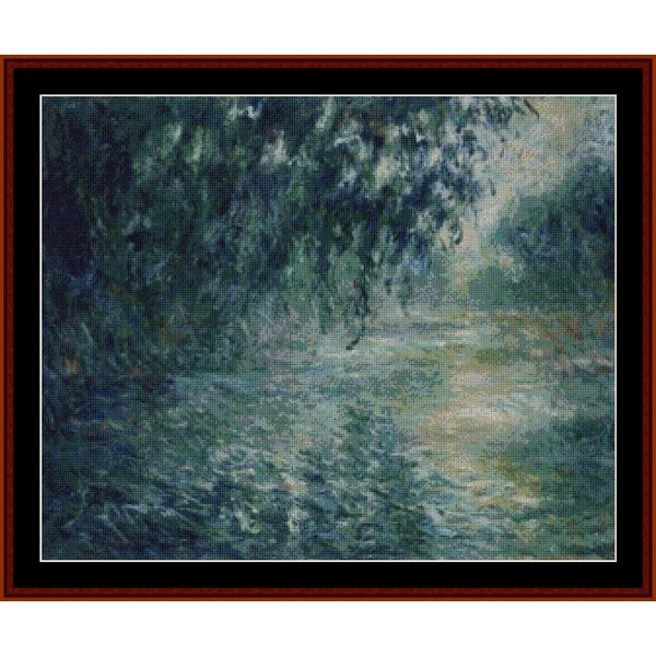 Counted Cross Stitch Pattern: Morning on the Seine VIII by Claude Monet- Cross Stitch Collectibles - Impressionist-style landscape painting of a tree-lined path or river, shown within a black mat and dark reddish-brown wooden frame. The artwork features blue-green foliage and a soft light pathway through the scene.