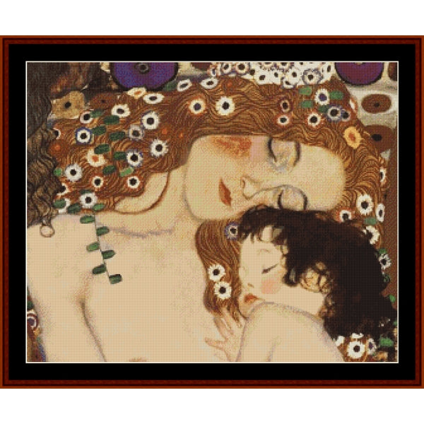 Counted Cross Stitch Pattern: Mother and Child by Gustav Klimt- Cross Stitch CollectiblesA framed art print featuring Gustav Klimt's 'The Kiss' style illustration of a sleeping woman and child with floral patterns, shown with a dark brown frame and white mat.-