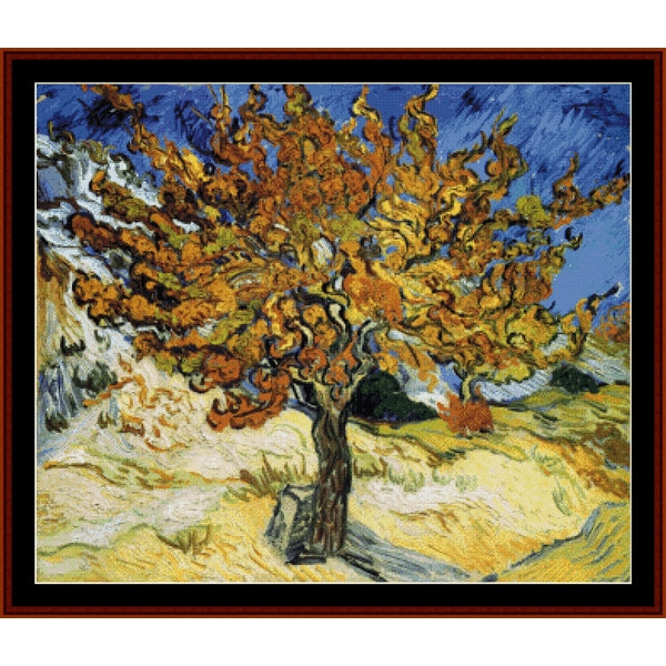 Counted Cross Stitch Pattern: Mulberry Tree by Vincent Van Gogh - Cross Stitch Collectibles - A framed art print depicting a stylized tree with swirling golden-yellow and orange foliage against a vivid blue sky and pale yellow ground, surrounded by a dark red frame.