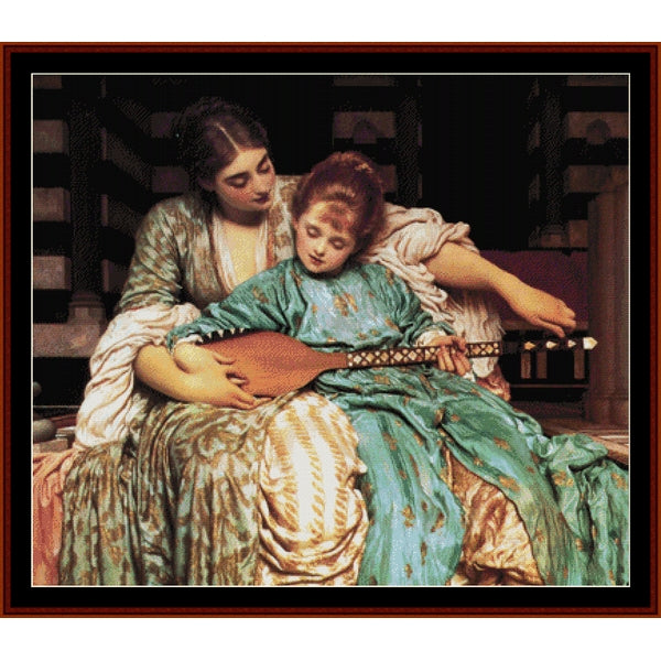 Counted Cross Stitch Pattern: Music Lesson by Frederick Leighton - Cross Stitch Collectibles - A framed classical painting depicting an older woman and a young girl seated together, with the girl holding a lute.