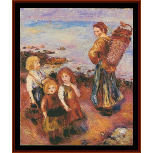 Counted Cross Stitch Pattern: Mussel Fisherman by Pierre Auguste Renoir - Cross Stitch Collectibles - A framed art print depicting a coastal scene with three children and an adult woman carrying a large basket on a beach path, rendered in a soft impressionistic style.