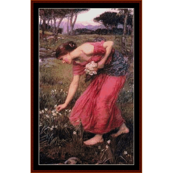 Counted Cross Stitch Pattern: Narcissus by J.W. Waterhouse - Cross Stitch Collectibles - A framed art print depicting a woman in a red dress bending down to pick white flowers in a grassy landscape
