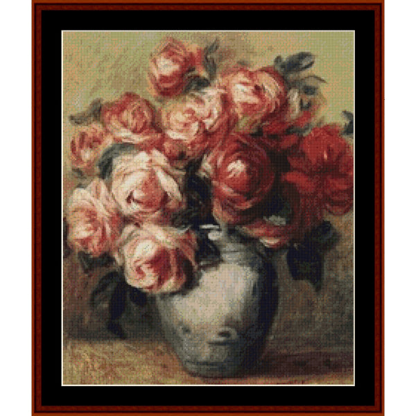 Counted Cross Stitch Pattern: Nature Morte aux Roses (Small) by Pierre Auguste Renoir - Cross Stitch Collectibles - A framed still life artwork showing a bouquet of pink and red roses in a gray vase