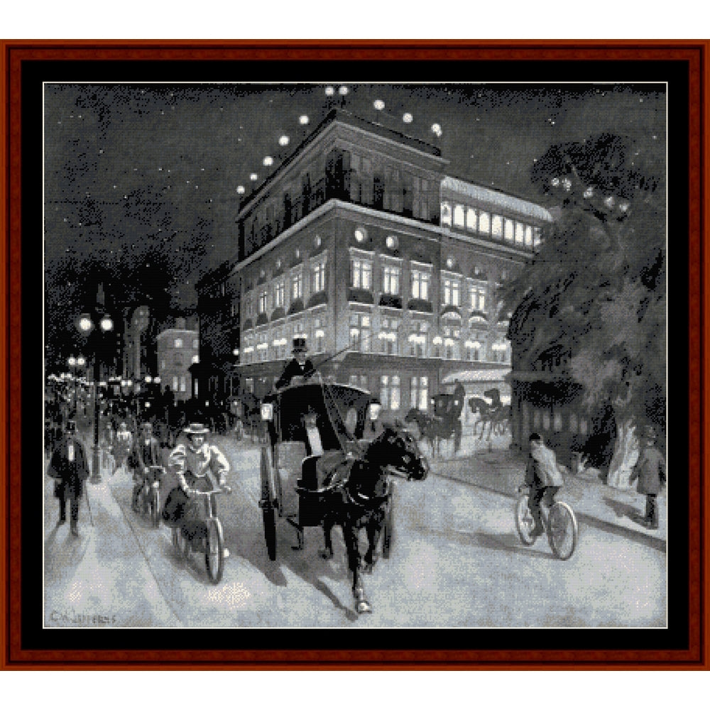 Counted Cross Stitch Pattern: New York at Night - Cross Stitch Collectibles - A framed vintage-style black and white illustration depicting a nighttime city street scene with horse-drawn carriages, cyclists, pedestrians, and illuminated buildings